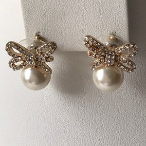 Faux pearl earrings with butterfly, pierced, tiny crystal rhinestones